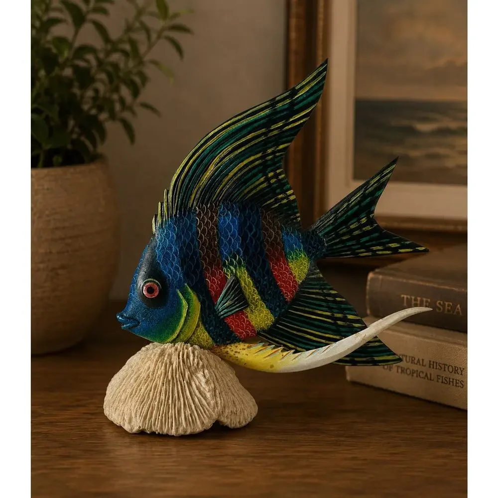 Vintage Nature Crafts Hand Painted Wood Angelfish Sculpture Coral Base 9”